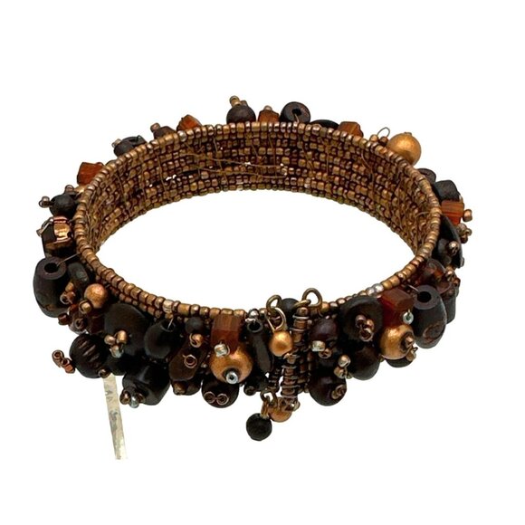 Boho Chic Multi Bead Bangle Bracelet Cuff Flex Wire Eclectic Earthy Tones Brown - Picture 6 of 9